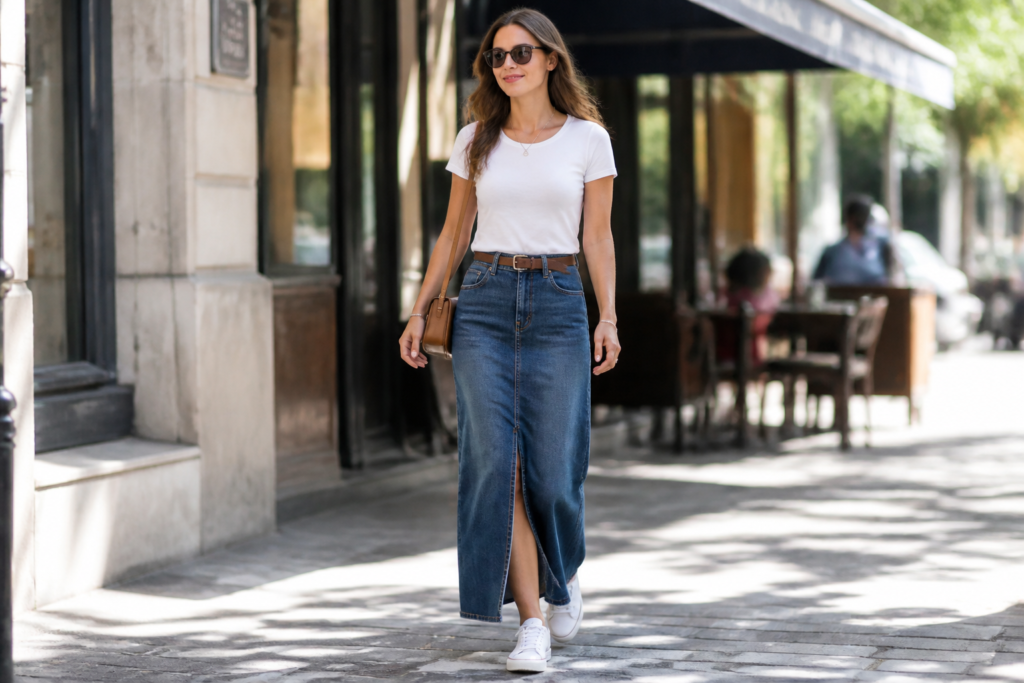 Jupe longue en jean femme : comment l’associer sans alourdir le look ?