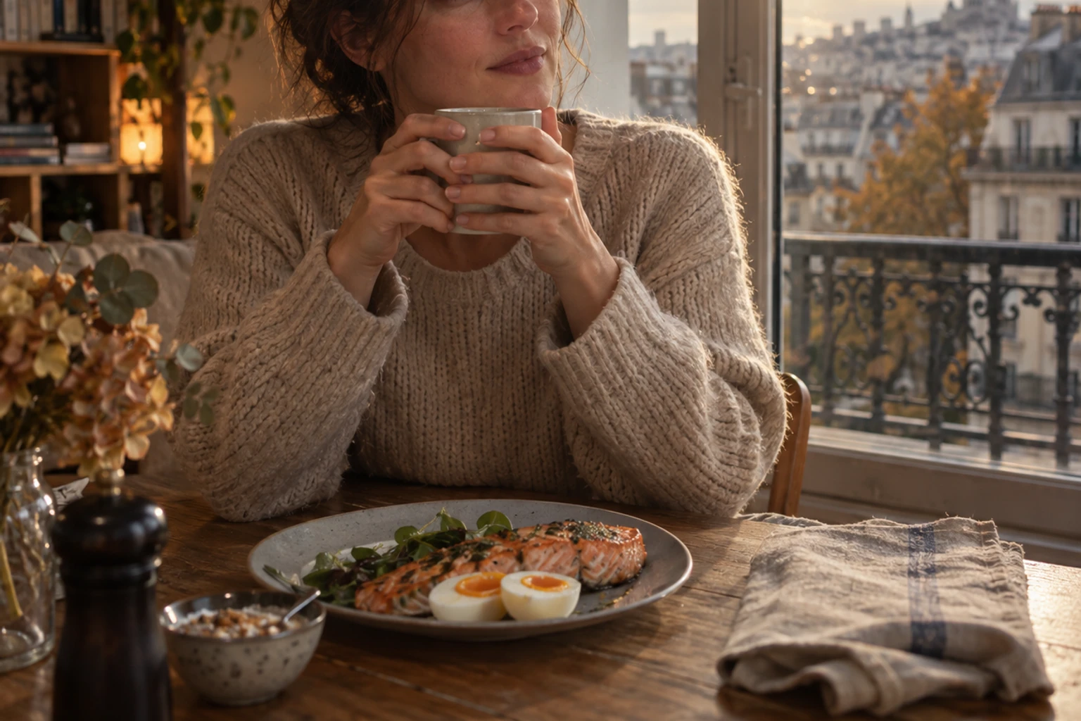 Femme en pull tenant une tasse, assiette avec saumon grillé, œufs et salade, lumière matinale du balcon