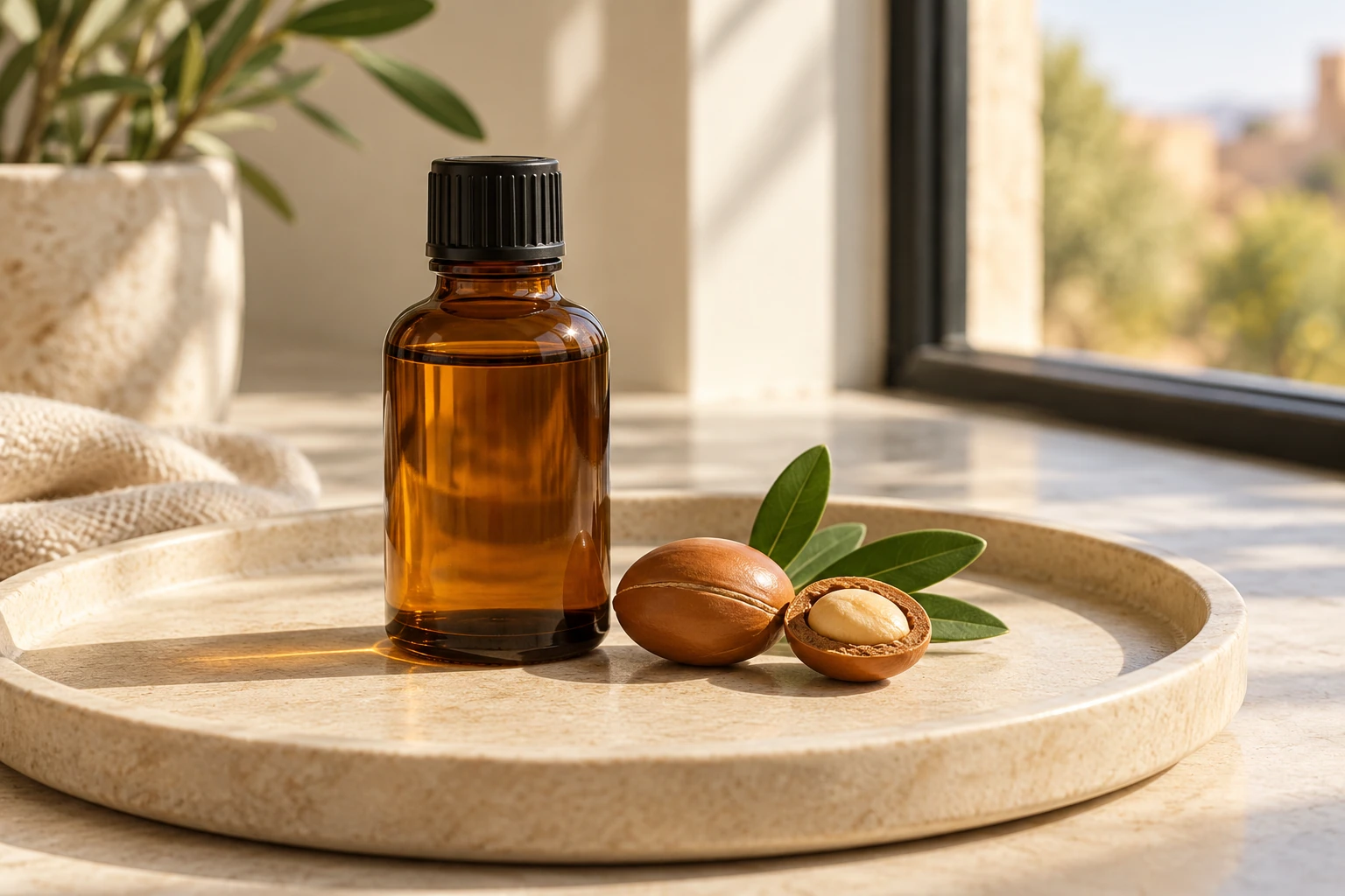 Flacon d'huile d'argan visage brun avec noix d'argan et feuilles sur plateau