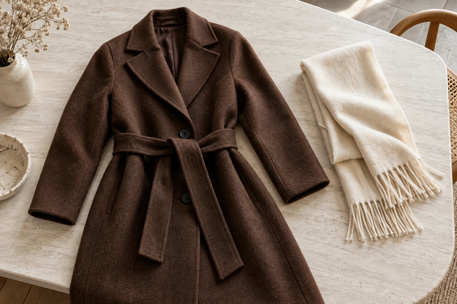 Manteau long marron ceinturé posé sur table à côté d'une écharpe crème tasse vase séché