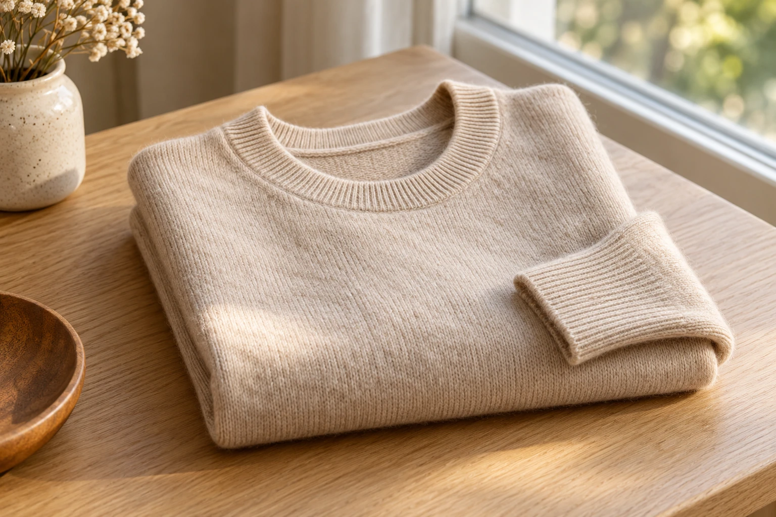 Pull en cachemire beige plié sur une table en bois près d'une fenêtre, lumière douce