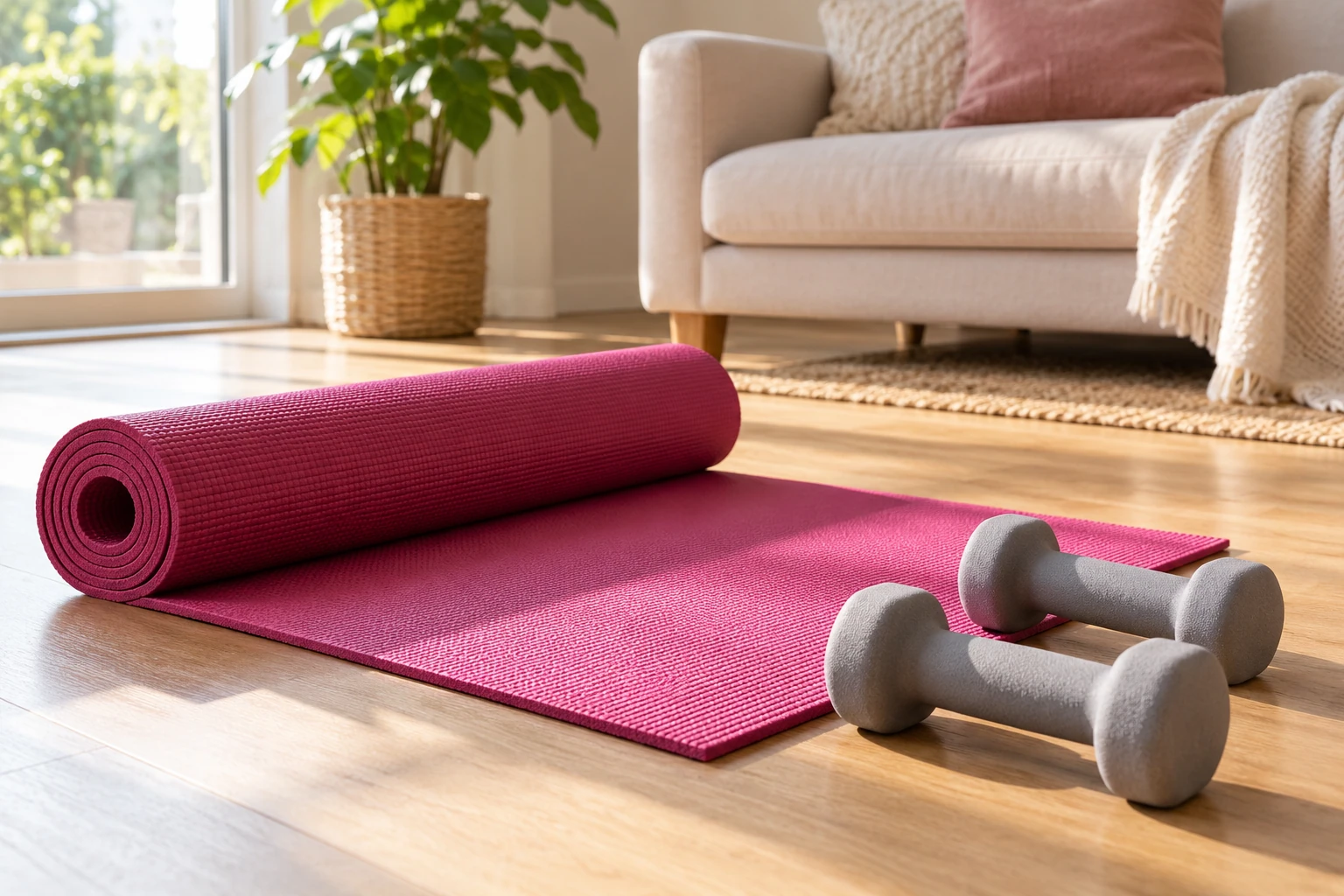 Tapis de yoga rose déroulé et deux haltères gris posés sur parquet lumineux