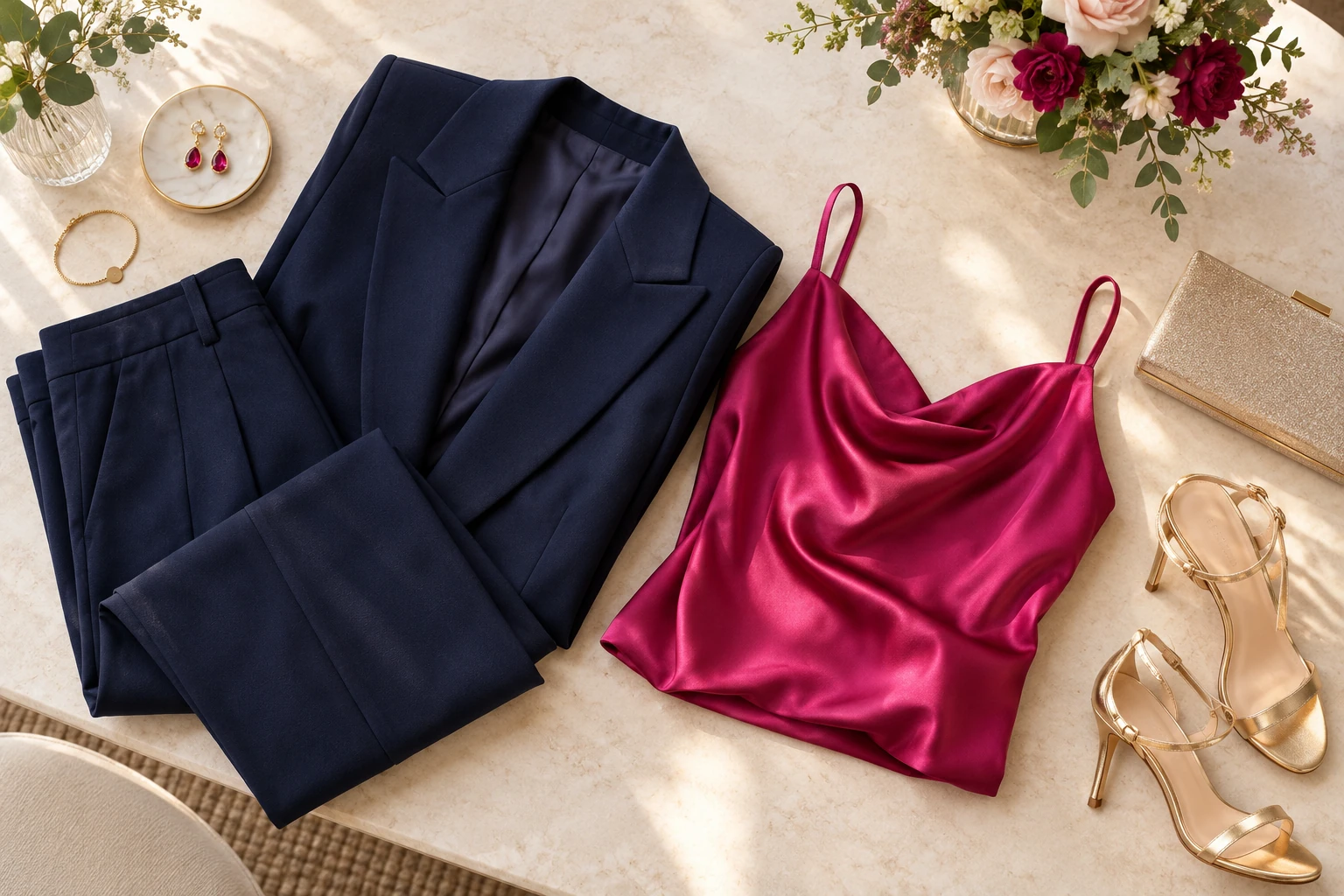 Tailleur-pantalon marine, top carmin satiné, sandales dorées et bijoux disposés élégamment